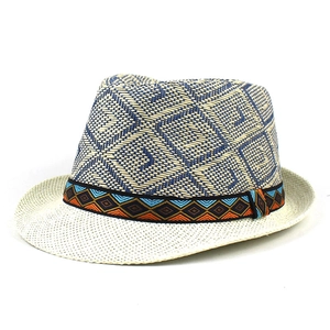 Detail of woven fedora hat featuring geometric patterns and colorful ethnic style band