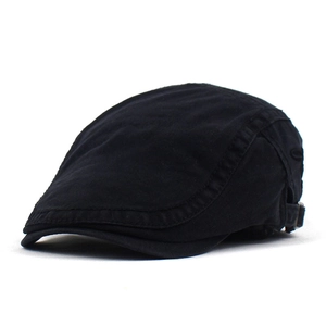 Side view of black cotton beret cap featuring adjustable metal buckle and breathable eyelets