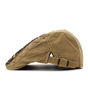 Khaki cotton canvas flat cap with side metal buckle and contrast stitching