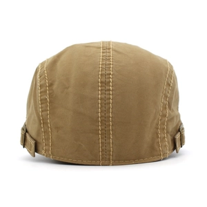 Classic khaki cotton beret with triple stitch embroidery and adjustable metal side buckles