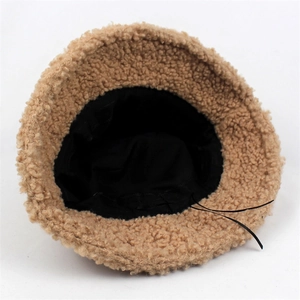 Warm camel teddy fleece bucket hat for women with adjustable inner drawstring lining