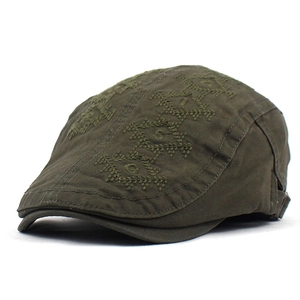 Minimalist olive green cotton flat top newsboy hat with ethnic embroidery detail