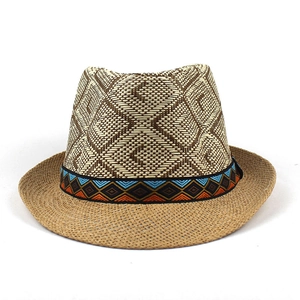 Straw fedora hat with vintage geometric pattern ribbon and diamond weave texture
