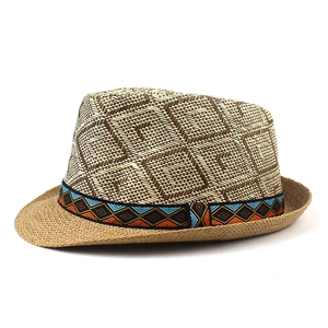 Unisex straw fedora hat with plaid weaving and ethnic geometric pattern ribbon