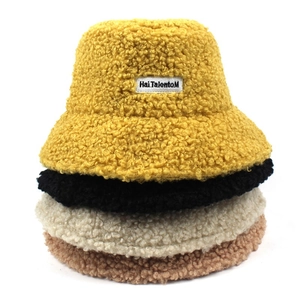 Women's Warm Lambswool Bucket Hat Teddy Fleece Winter Fisherman Hat Soft Solid Color Round Top Wide Brim Casual Sun Hat
