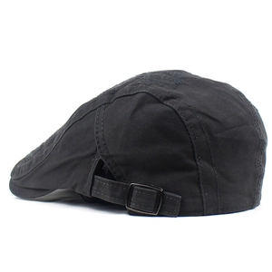 Classic black adjustable cotton canvas beret hat with vintage metal buckle and side stitching