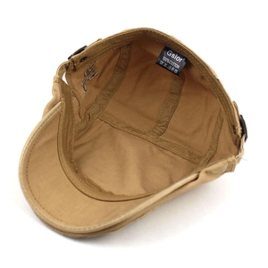 Khaki cotton beret with Gsior side embroidery and interior 100% cotton label view