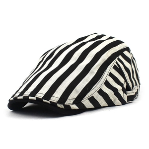 Breathable cotton linen ivy cap with black and white stripes and adjustable metal buckle
