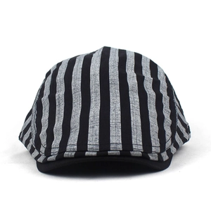 Close-up of breathable cotton linen beret cap featuring classic black and grey stripes