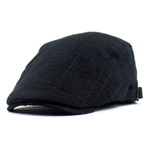 Breathable black cotton linen newsboy hat with textured stripes and adjustable back strap