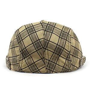 Rear view of beige plaid beret with silver metal buckles and cotton linen texture