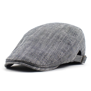 Classic grey herringbone flat cap with adjustable metal buckle on a white background