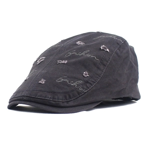 Men's vintage grey cotton beret with fashion embroidery and distressed hole details