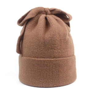 Women Winter Warm Beanie Hat Wool Acrylic Blend Bowknot Decoration Solid Color Ribbed Knit Cuff Cap For Cold Weather Outdoor Accessory