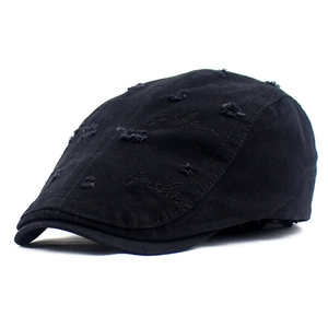 Distressed black cotton flat cap with fashion embroidery and ripped details for men