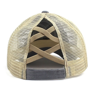 Detail view of ponytail baseball cap with breathable mesh and elastic X-cross design back