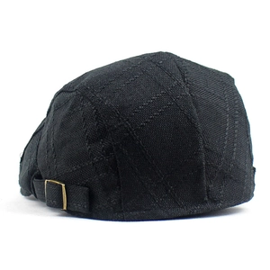 Breathable black cotton linen newsboy hat with textured fabric and metal buckle