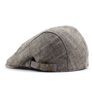 Men's vintage herringbone beret with adjustable side buckle and classic cotton texture