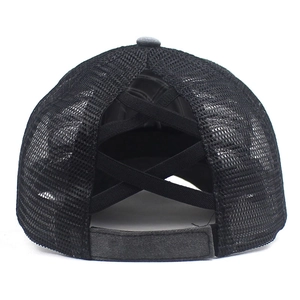 Detail view of the black ponytail mesh baseball cap with criss-cross elastic back bands