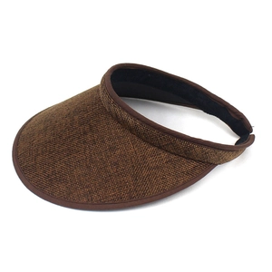 Detailed view of brown woven sun visor with wide brim and adjustable inner elastic band