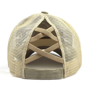 Khaki ponytail baseball cap with criss-cross elastic bands and breathable mesh back
