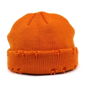 Distressed Acrylic Knit Beanie For Women Trendy Streetwear Ribbed Cuffed Brimless Landlord Hat Winter Warm Pullover Cap