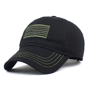 Tactical black baseball cap with olive green US flag embroidery and contrast stitching