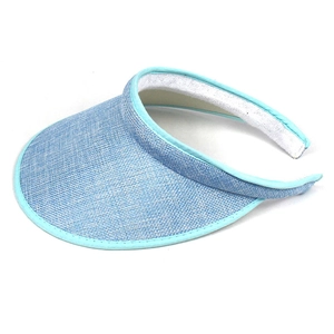 Detail view of light blue linen sun visor with sweatband and reinforced edge binding