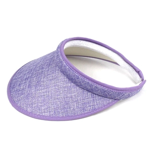 Detail view of purple straw open top sun hat with breathable fabric and sweatband