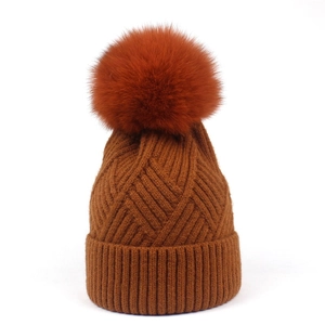 Women Winter Knit Beanie Hat Large Fur Pom Pom Warm Wool Acrylic Blend Diamond Lattice Pattern Cuffed Thermal Skull Cap
