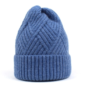 Navy blue winter knit beanie for women with geometric diamond textured pattern