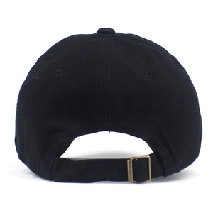 Detail view of the black baseball cap rear showing metal buckle strap and neat stitching