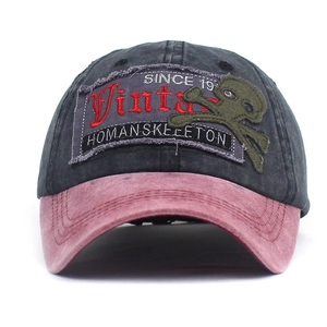 Vintage washed cotton baseball cap with letter embroidery and skeleton patch design