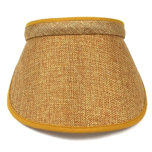 Women's summer open top linen sun hat with wide brim in khaki and yellow trim
