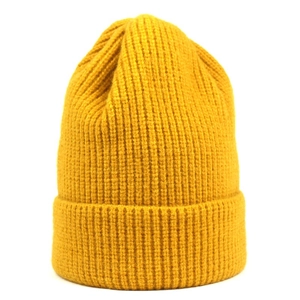 Detailed view of the ribbed-knit texture on this bright yellow warm beanie hat