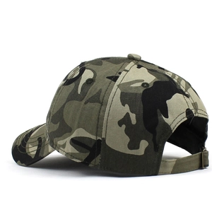 Detail of jungle camouflage baseball cap showing adjustable metal buckle and stitching