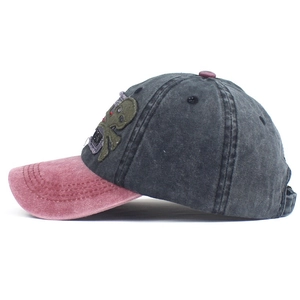 Close-up of vintage grey canvas baseball cap with skull embroidery patch and red brim