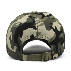 Detail of woodland camouflage baseball cap featuring adjustable bronze metal buckle