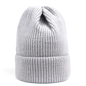 Classic light grey ribbed knit beanie with foldable cuff for women winter warmth