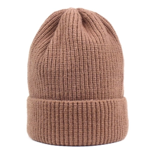 Brown knit beanie hat for women with vertical rib patterns and folded cuff for winter