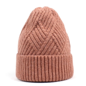 Women knit beanie hat in warm rust red with stylish diamond textured knit and ribbed cuff