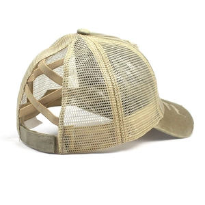 Distressed khaki ponytail baseball cap with criss-cross mesh back and velcro closure