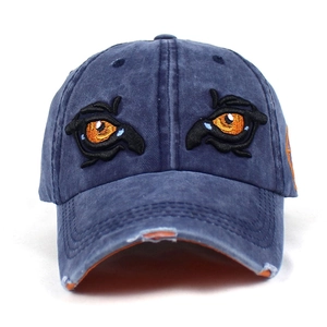 Distressed navy blue washed denim baseball cap with orange eagle eye embroidery