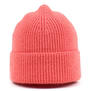 Peach rib-knit beanie hat for women featuring a thick fold-over cuff and cozy texture