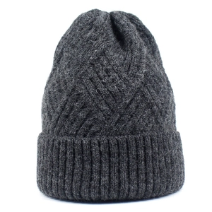 Dark grey knitted beanie with diamond weave pattern and ribbed cuff for winter warmth