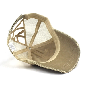 Khaki ponytail baseball cap with breathable mesh and distressed vintage wash style