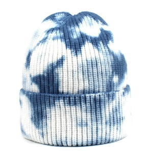 Blue and white tie-dye ribbed knit beanie with a wide folded cuff for winter