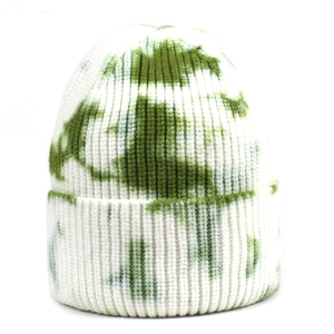 Chic tie-dye knitted beanie for women featuring a green and white marble pattern design