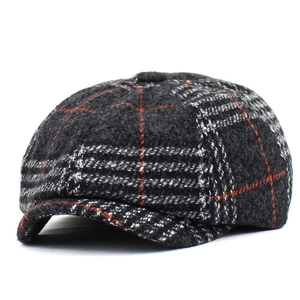 British style wool blend newsboy cap with classic grey and orange plaid pattern