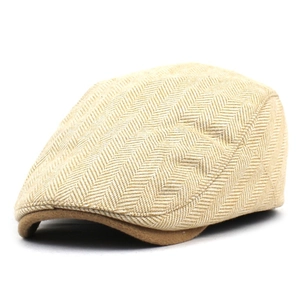 Classic herringbone wool flat cap with brown felt brim detail on white background